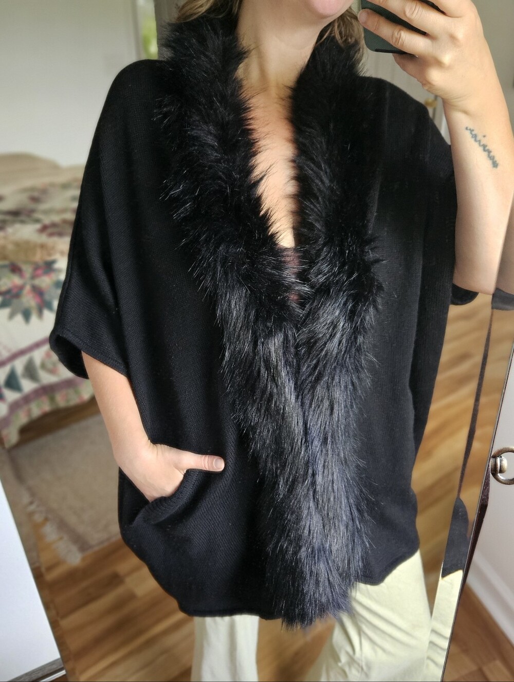 Metric Knit Faux Fur Short Sleeve Sweater Jacket